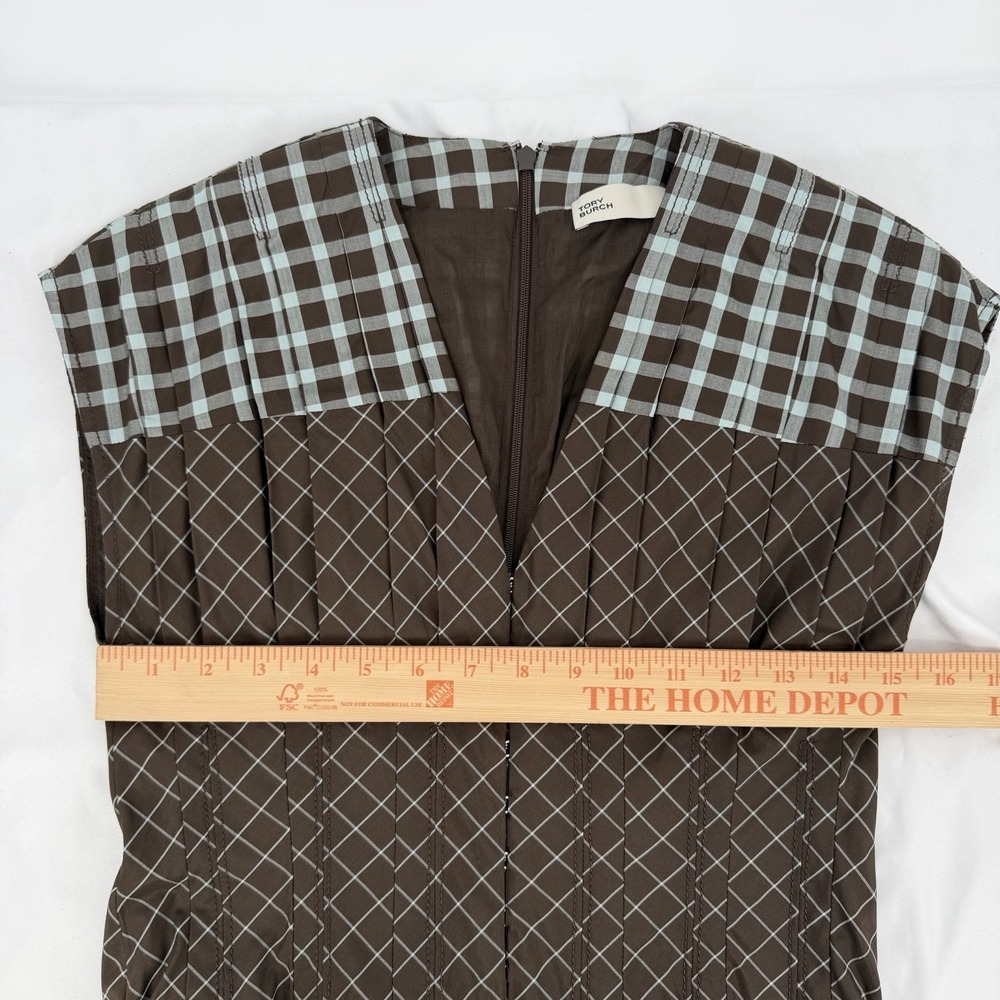 Tory Burch Sz 4‎ Plaid 100% Silk V Neck Claire McCardell Pleated Midi Dress - Picture 9 of 10